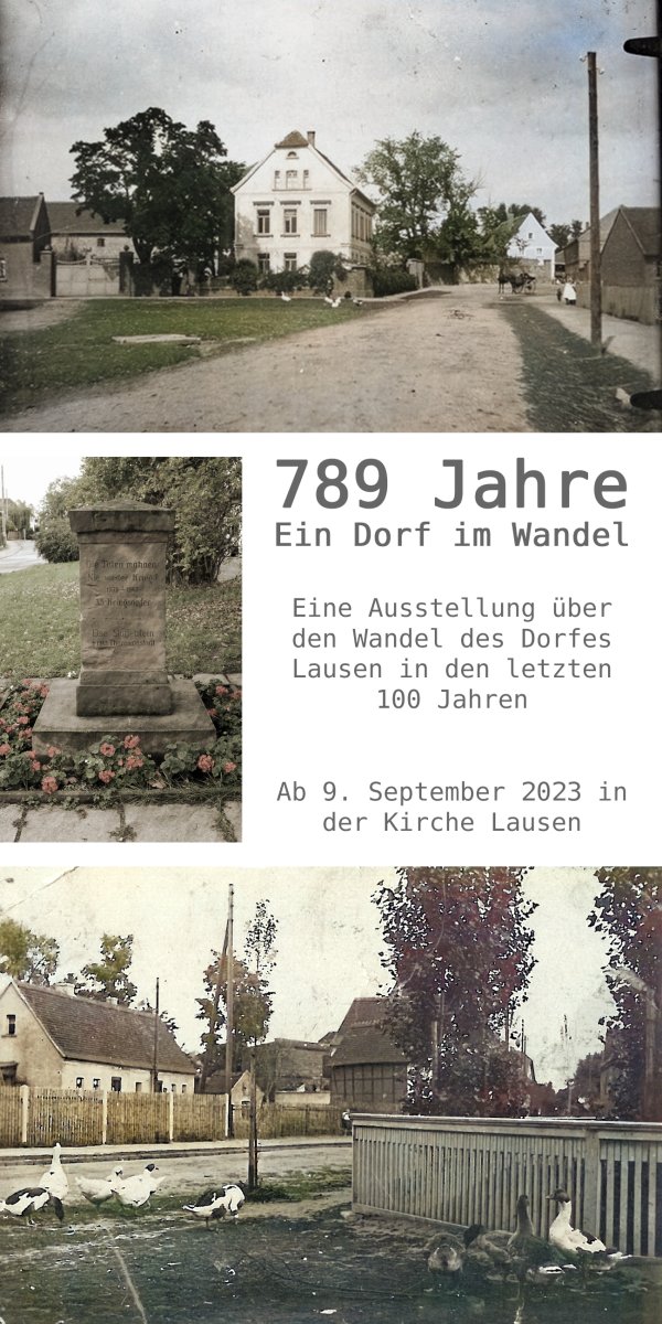 Einladungskarte für 789 Jahre Lausen - Ein Dorf im Wandel; Drei Bilder zeigen den Dorfplatz Lausen aus unterschiedliche Richtungen